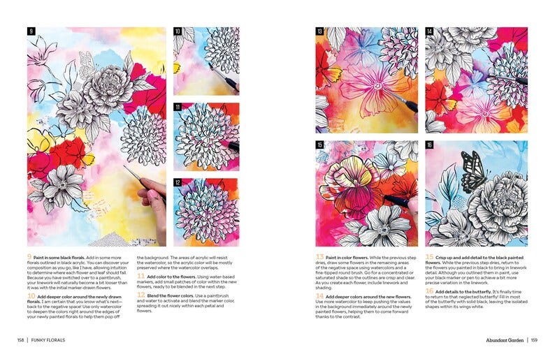 May include: A step-by-step guide to painting a floral illustration with black ink and watercolor. The image shows a close-up of the artwork with numbered steps and instructions for each step.