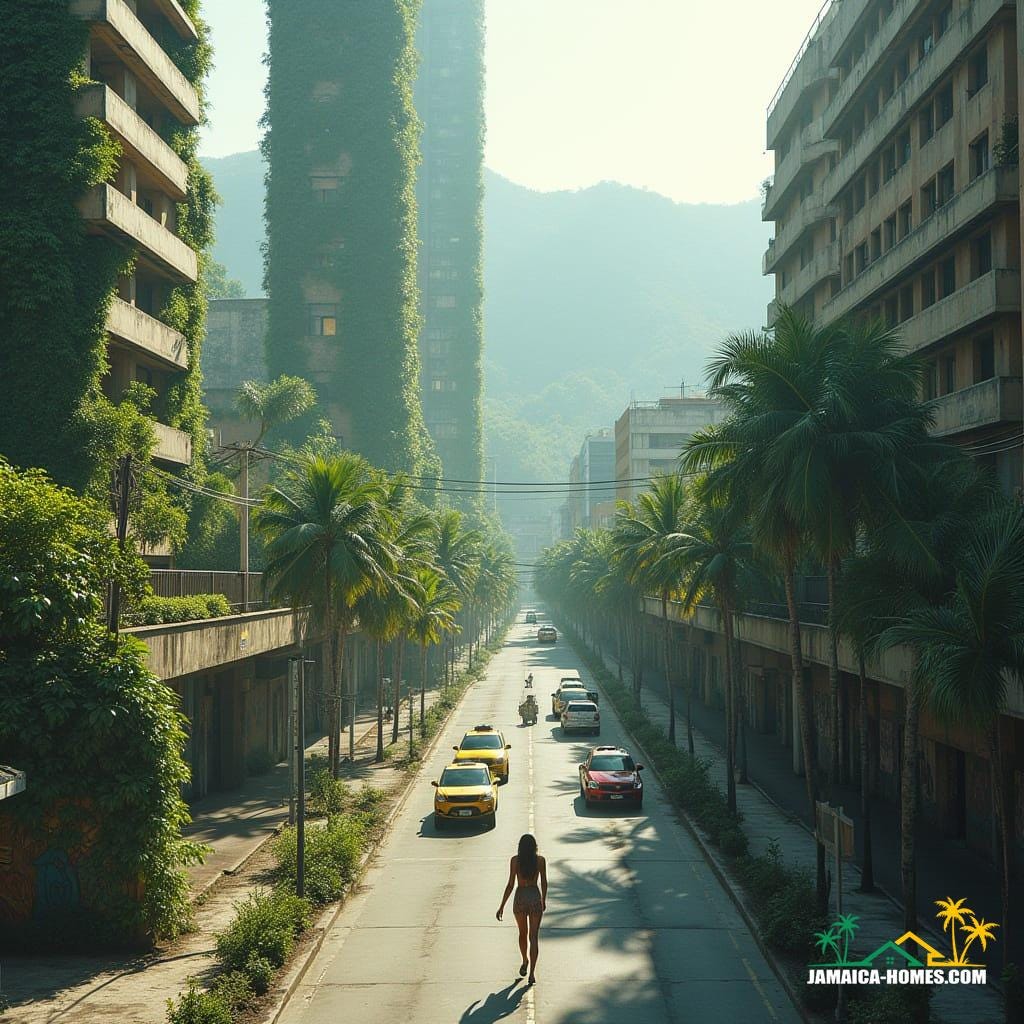 Downtown Kingston's sleek skyscrapers, wrapped in lush greenery and cascading waterfalls, surrounded by Jamaican vendors in sky-level public plazas, reggae murals on lower levels, amidst modern elevated roads, with tropical mountain backdrop, in a cinematic film still, inspired by the styles of Syd Mead, Ash Thorp, and Simon Stalenhag, with film grain, vignette, and color grading, evoking a sense of epic, atmospheric, and dramatic, 35mm film quality.