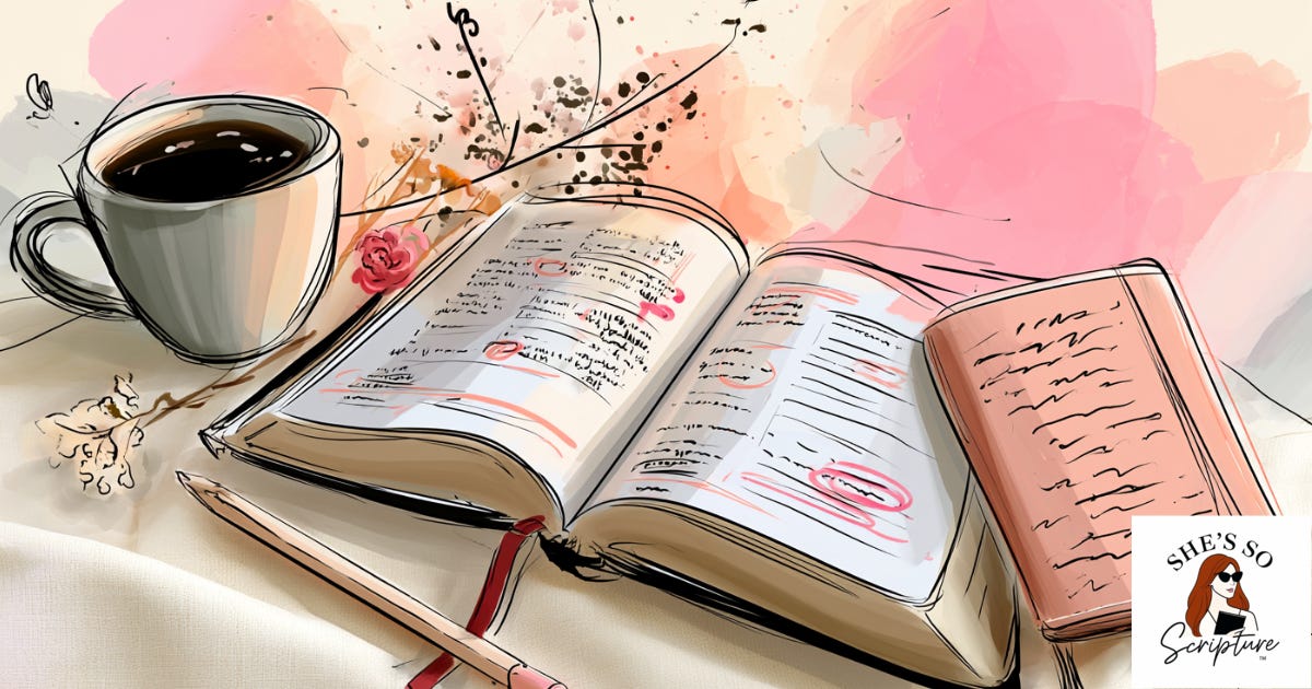 Illustrated overhead flat lay of an open Bible with pencil-marked margins, a journal, pencil, coffee cup, and dried flowers in warm blush and ivory watercolor tones