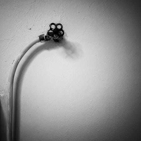Six black and white square images that have caught my eye, left to right top row - a stack of chairs, a stack of roofing tiles, the open window in my room, an old tyre leaning against a tree with flwoers growing around it, the door of an old wooden barn and a pipe with a curve to a tap