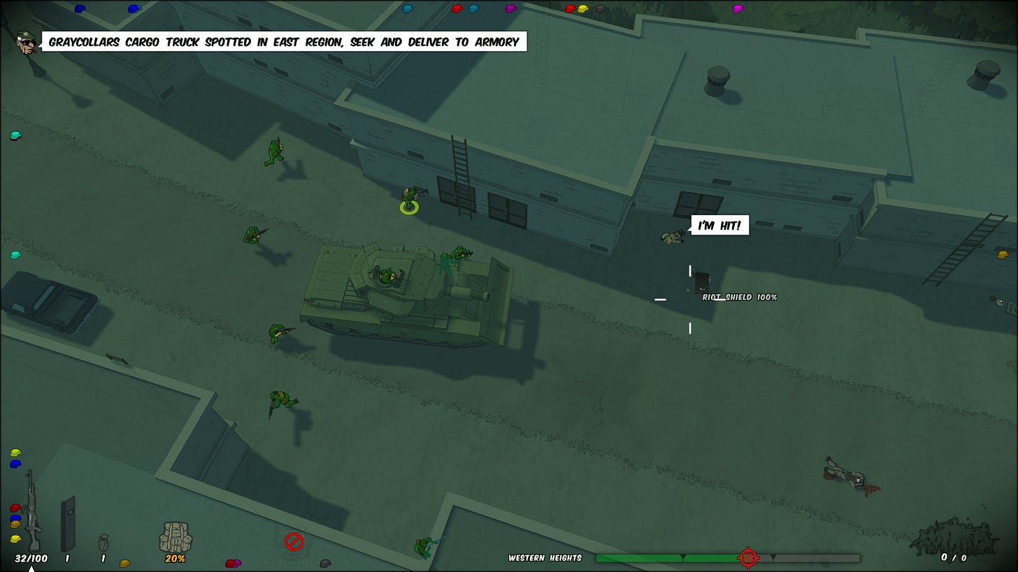 A squad of six Greenbelt infantry members move alongside a Greenbelt-crewed tank through a crowded urban street. A squad of six Greenbelt infantry members move alongside a Greenbelt-crewed tank through a crowded urban street.