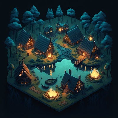 Isometric medieval villages with wooden huts lit up by torches at twilight by Midjourney