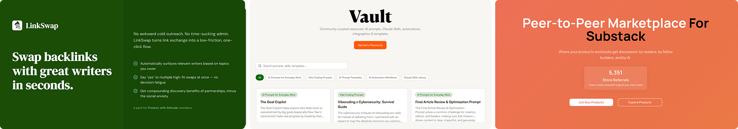Three Product with Attitude community tools side by side: LinkSwap for backlink exchanges, Vault for shared AI prompts and templates, and the Peer-to-Peer Marketplace with thousands of store referrals.