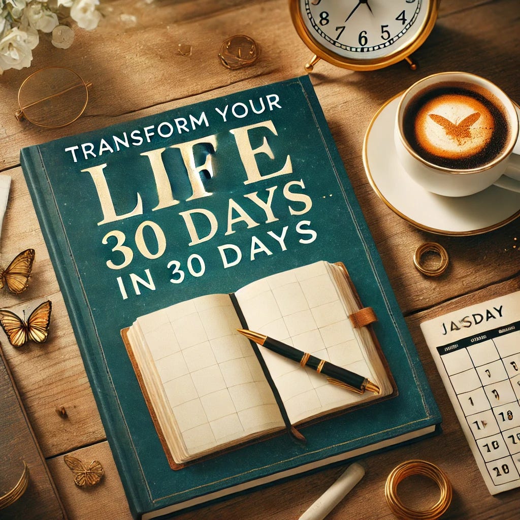 A high-resolution, inviting thumbnail for an article titled 'Transform Your Life in 30 Days.' The image shows a cozy workspace with an open journal or notebook, a cup of coffee, and a pen, set on a wooden table. In the background, there’s a subtle hint of a calendar or countdown to the New Year, suggesting the upcoming 2025. The title 'Transform Your Life in 30 Days' appears in bold, modern font. The color scheme includes warm, inviting tones like gold, teal, and soft whites, creating a sense of motivation and renewal.