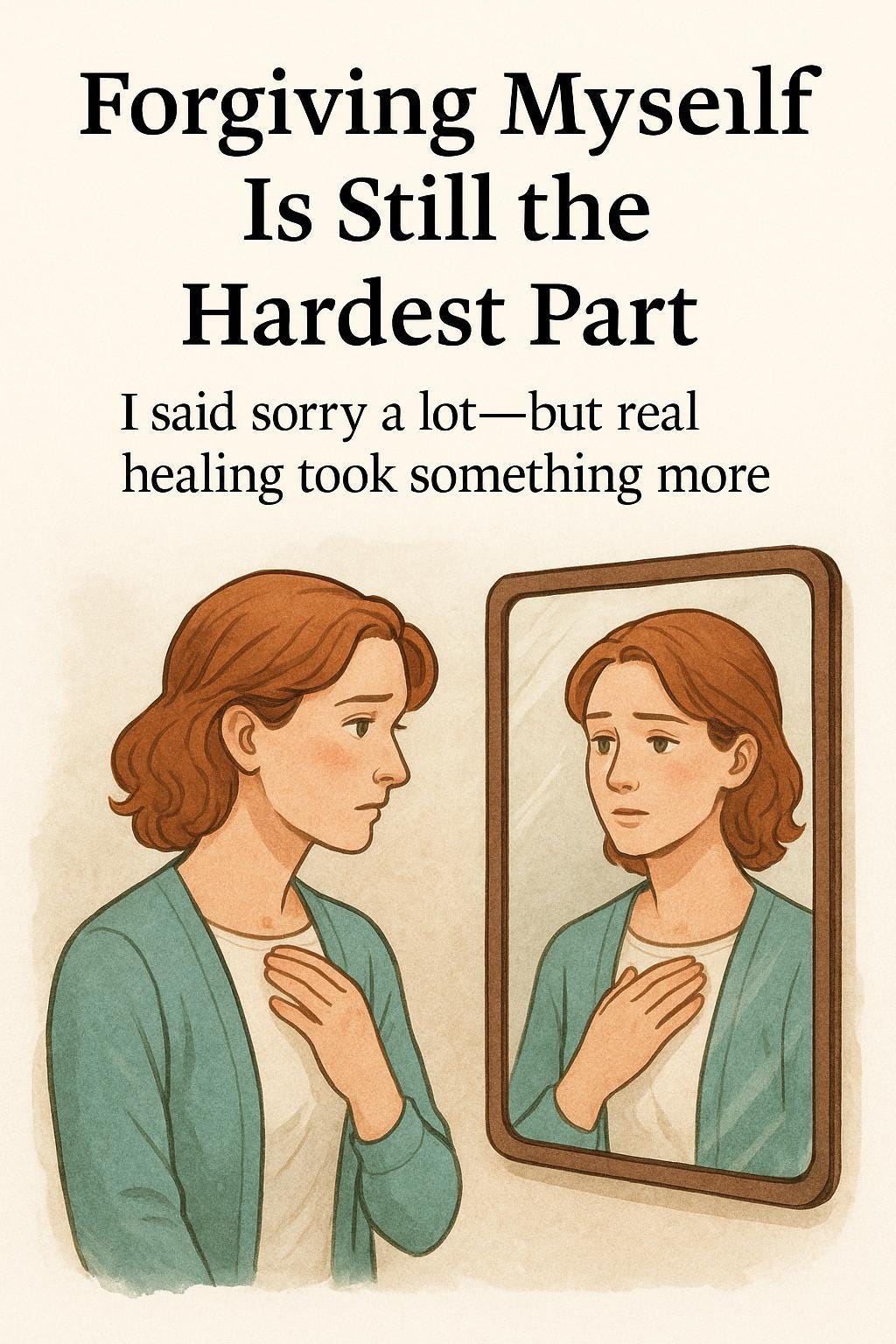Illustration of a contemplative woman with auburn hair looking in the mirror — symbolic of inner healing and self-forgiveness