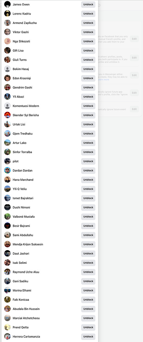 9 out of 17 Screenshots of the Facebook Block List