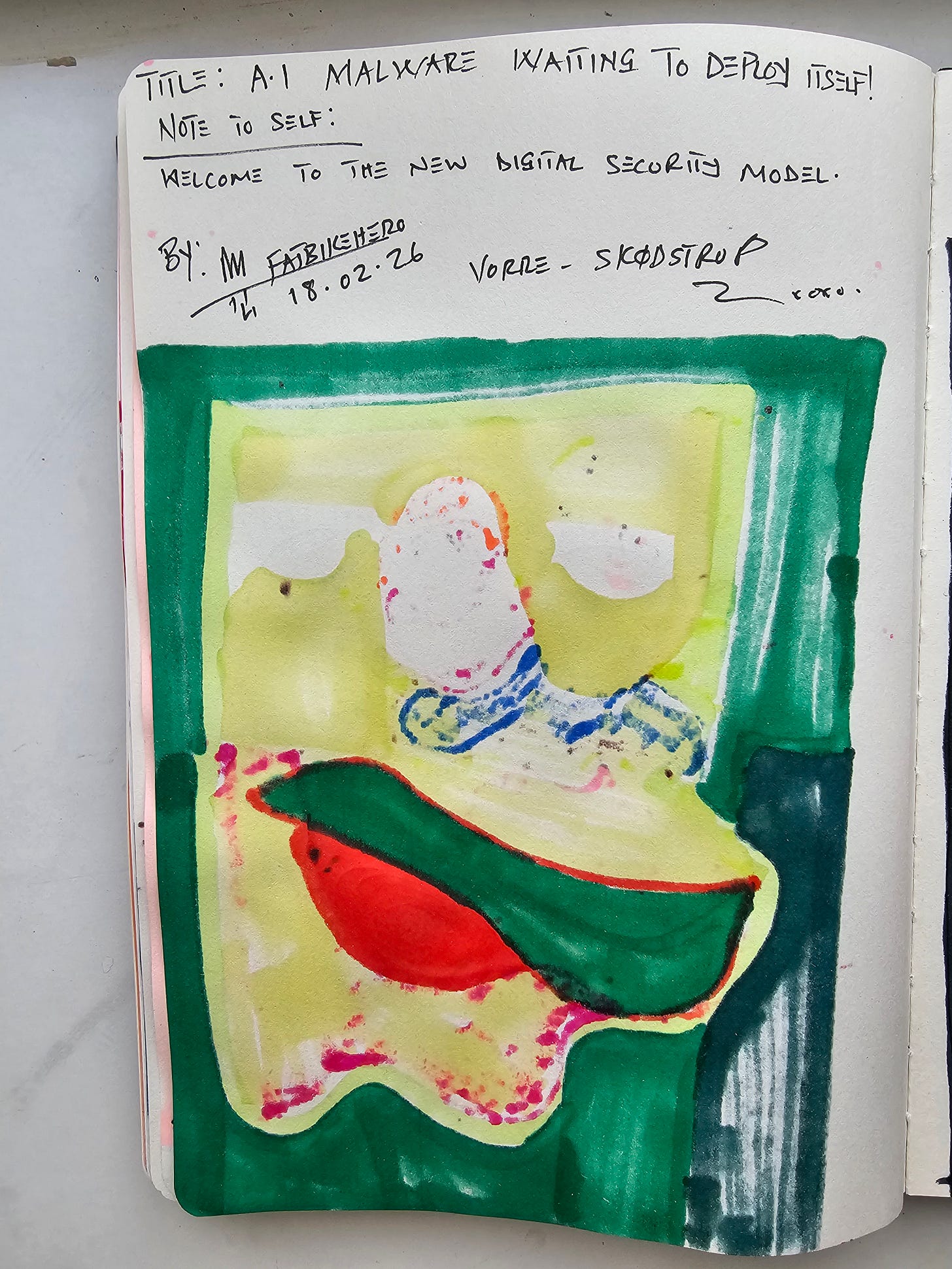 Variant of stitched abstract face enclosed in green frame with manifesto text about AI malware deployment.