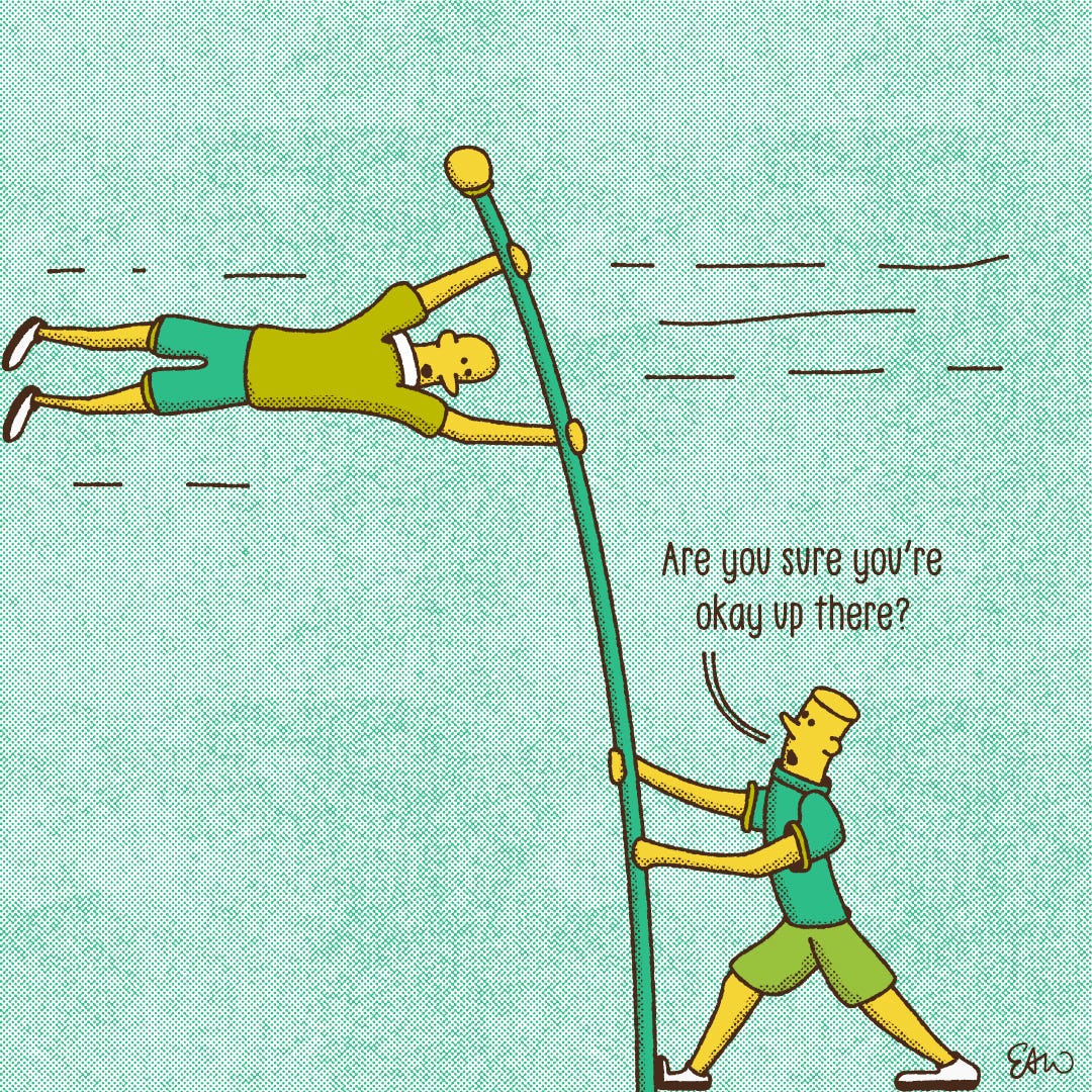 Panel 1 of 2 of a gag cartoon showing a character holding onto a tall pole while caught in a horizontal gush of wind. Down below another character asks Are you sure you're okay up there?