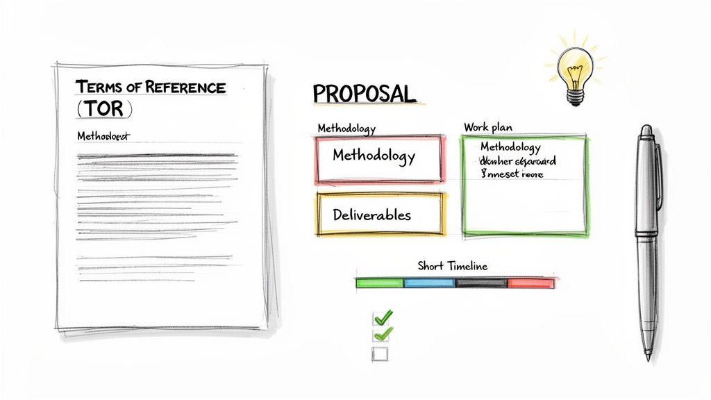 A sketch showing Terms of Reference document and a Proposal with methodology, deliverables, and work plan.