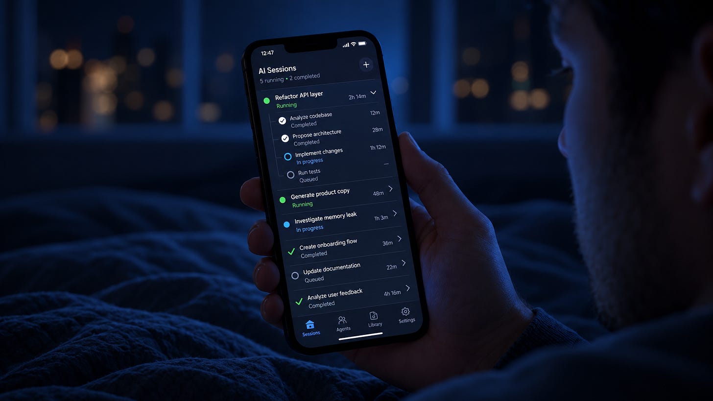 Smartphone showing multiple AI agent sessions running overnight from a mobile dashboard. Smartphone showing multiple AI agent sessions running overnight from a mobile dashboard.
