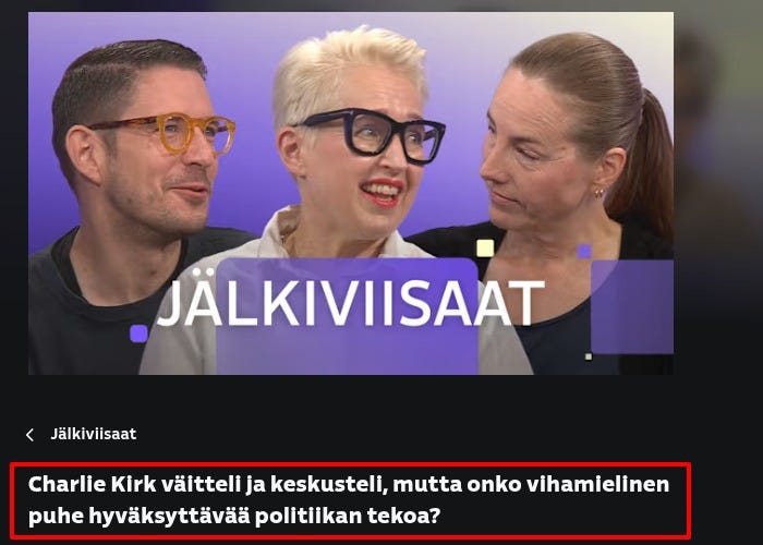 Three people, including a man with short dark hair and glasses, a woman with short white hair and glasses, and a woman with brown hair in a ponytail, sitting together. They are positioned against a purple background with the text "JÄLKIVIISAAAT" in white and blue. Additional text in red reads "Ylen Jälkiviisaissa päästiin jo asian ytimeen."