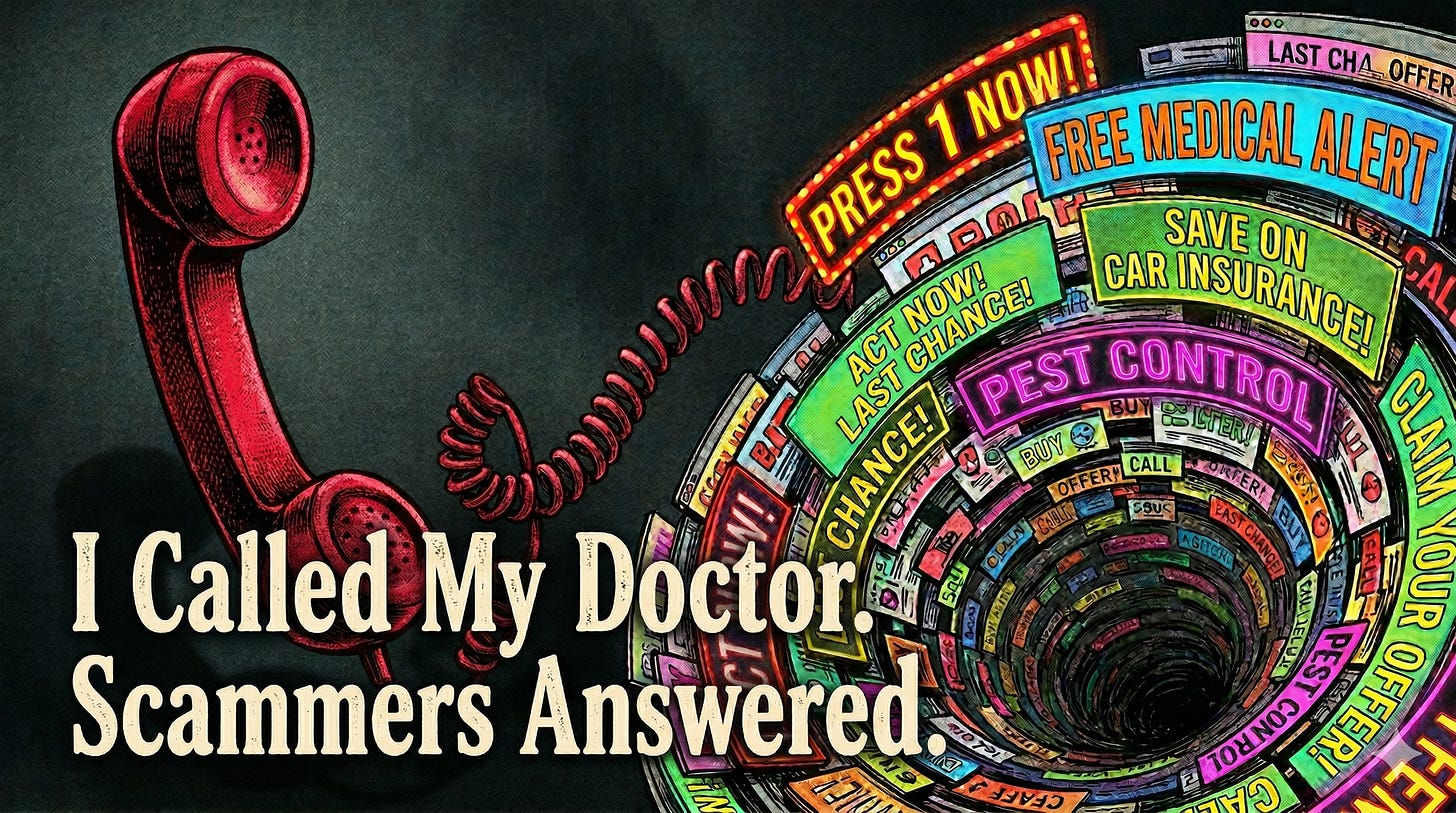 Surreal editorial illustration of a red rotary phone handset with its coiled cord spiraling into a vortex of garish neon advertising banners reading Press 1 Now, Free Medical Alert, Save On Car Insurance, Pest Control, Act Now, Last Chance, Buy, Call, and Offer. The ads get smaller and denser as they spiral into a dark center like a drain. Bold white text overlaid on the lower left reads I Called My Doctor. Scammers Answered. Illustration created with Nano Banana AI based on a concept by Baratunde Thurston for Life With Machines