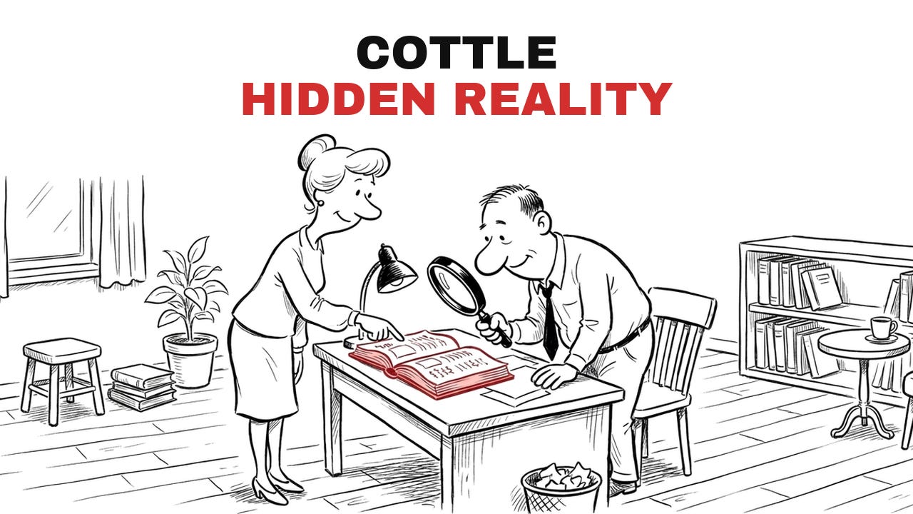 Cartoon: the mentor inspects an open red book through a large magnifying glass while a student points at the page, titled Cottle, Hidden Reality. Cartoon: the mentor inspects an open red book through a large magnifying glass while a student points at the page, titled Cottle, Hidden Reality.