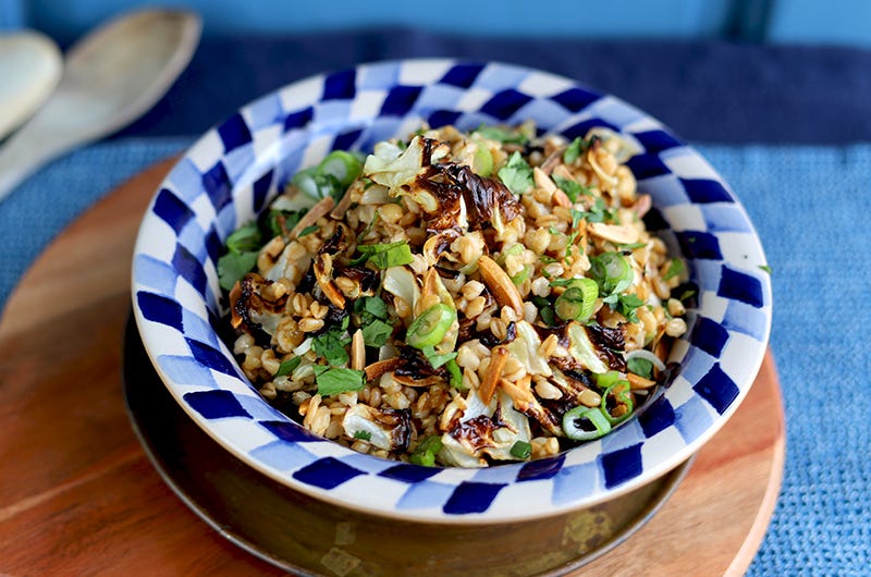 Wheatberry, Roasted Cabbage, and Toasted Almond Salad with Ginger-Soy-Lemon Dressing, Cook the Vineyard