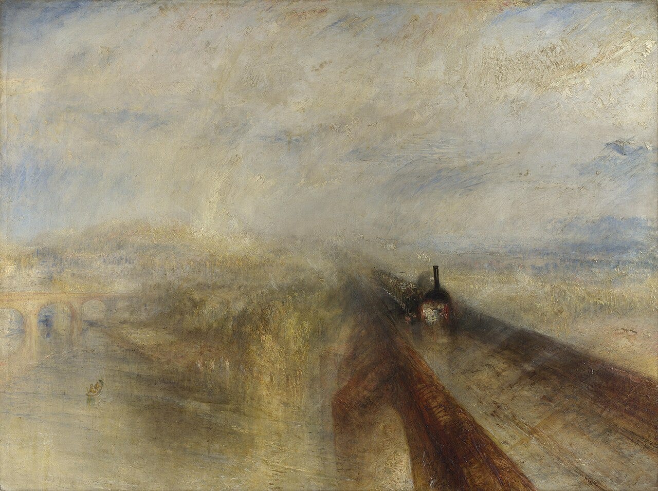 A locomotive charging through rain and steam A locomotive charging through rain and steam