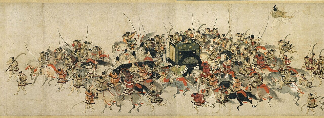 A palace burning in a night raid on a Japanese scroll A palace burning in a night raid on a Japanese scroll