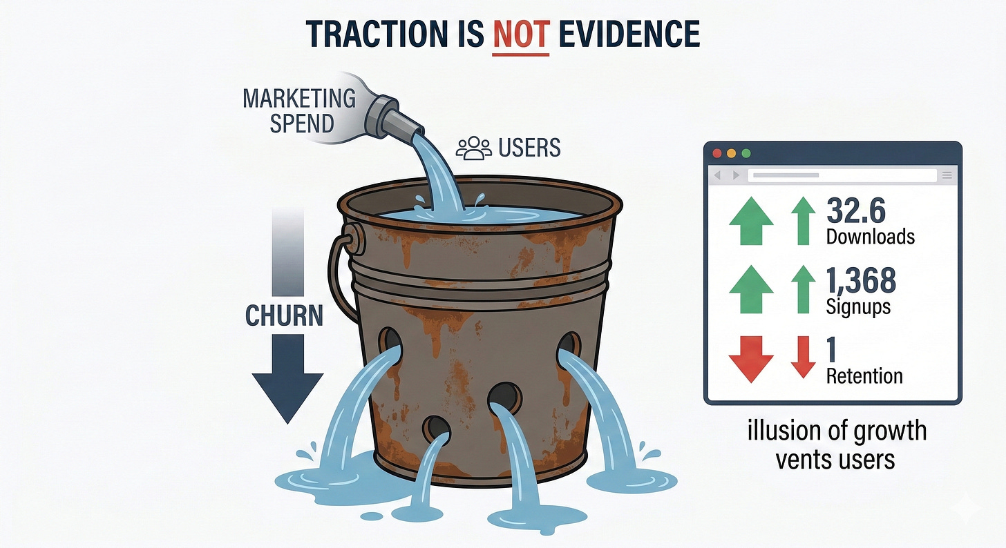 An illustration of a rusty bucket with holes showing how marketing spend escapes through churn despite high download numbers.