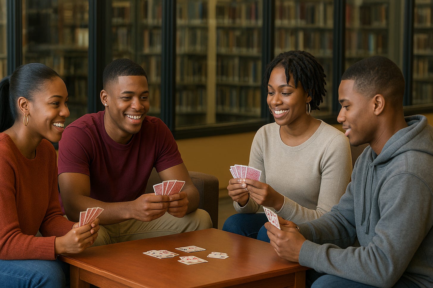 Four Black college students playing Spades outside of a university library