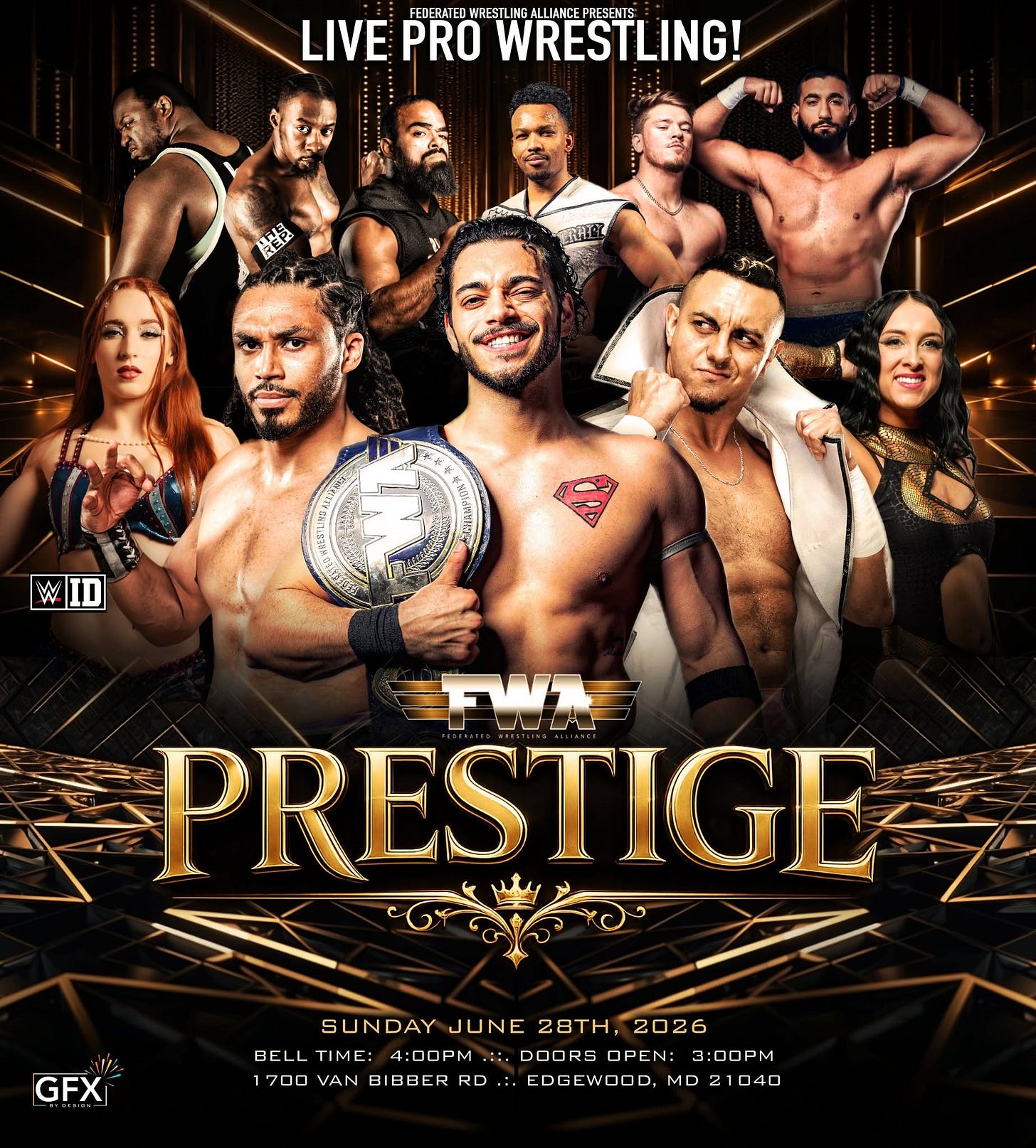 May be an image of text that says 'FOFRAT LIVE FEDERATEDWREST WRESTI TLIM IN6 6A ANCE PRESENTS PRO WRESTLING! ሁህሞ BEP finK WID BoyaoKT PRESTIGE 7 GFX SUN SUNDAY JUNE 28TH, 2026 BELL TIME: 4:00PM 0OPM DOORS DOORSOPEN: 3:0 PM 1700 VAN BIBBER RD EDGEWDOD, MD MDZ1040 21040' May be an image of text that says 'FOFRAT LIVE FEDERATEDWREST WRESTI TLIM IN6 6A ANCE PRESENTS PRO WRESTLING! ሁህሞ BEP finK WID BoyaoKT PRESTIGE 7 GFX SUN SUNDAY JUNE 28TH, 2026 BELL TIME: 4:00PM 0OPM DOORS DOORSOPEN: 3:0 PM 1700 VAN BIBBER RD EDGEWDOD, MD MDZ1040 21040'