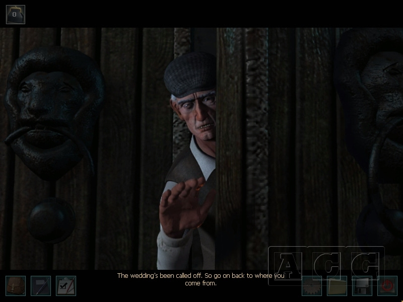 "A man with a cap and vest stands behind a wooden door with a lion-shaped knocker, gesturing with his hand. He says, 'The wedding's been called off. So go on back to where you come from.'"