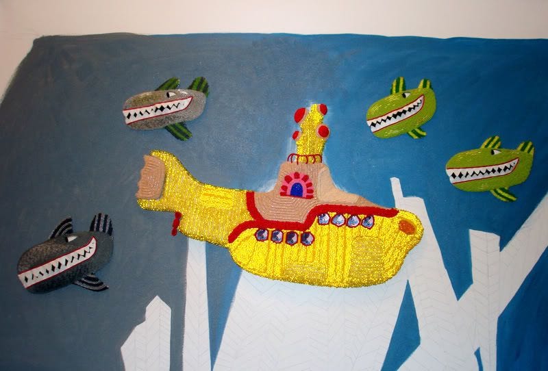Beaded Beatles Yellow Submarine bead embroidery painting acrylics beading pop art Boston artist Beaded Beatles Yellow Submarine bead embroidery painting acrylics beading pop art Boston artist