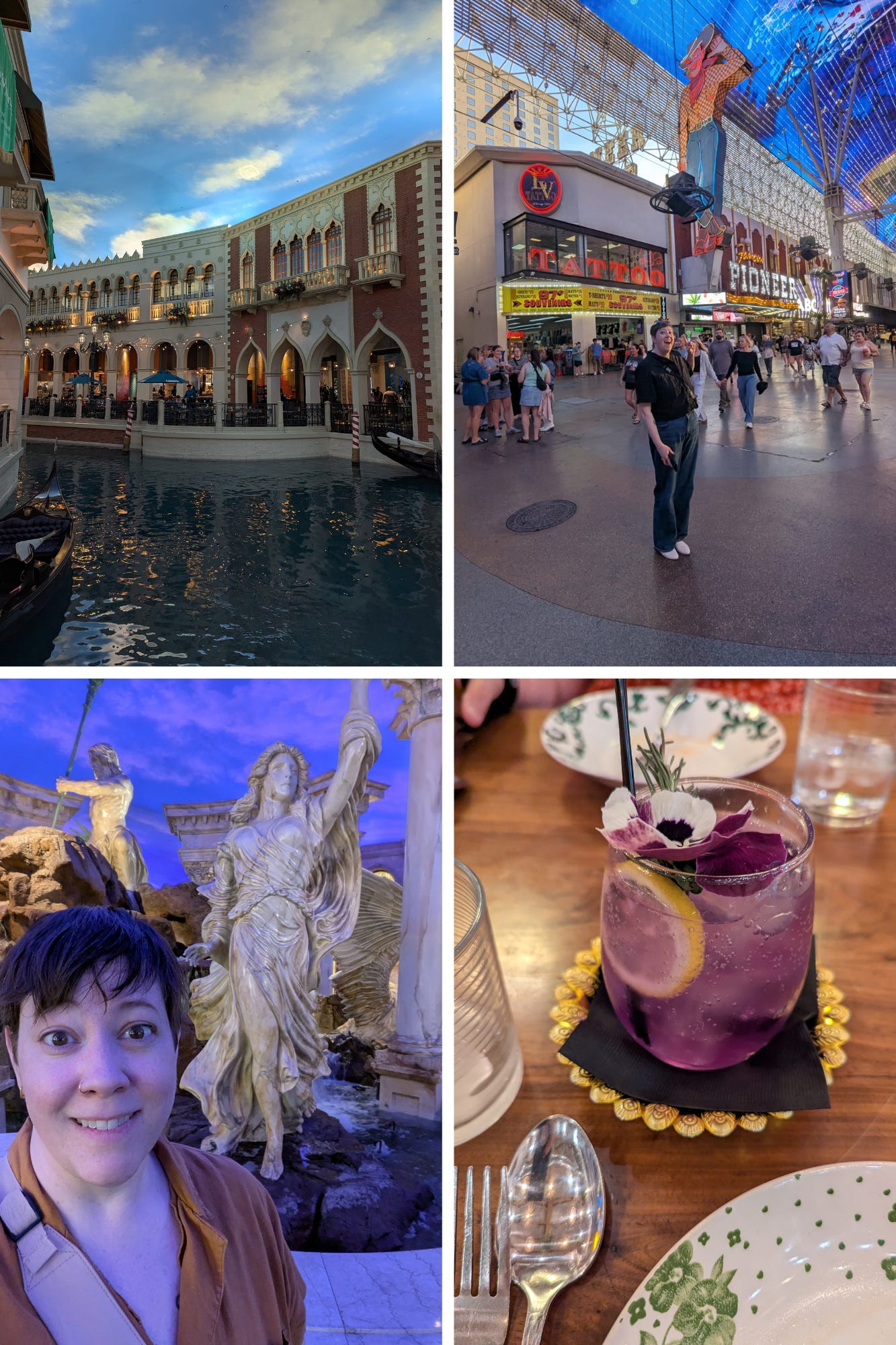a photo collage of four photos taken in vegas starting in the upper left: a photo of the canal and painted blue sky with white clouds in the Venetian hotel, a photo of the author in a black short sleeved top, dark denim wide-leg jeans, white slip ons pointing at a big sign of a cowboy on Fremont Street, a photo of the author in a mustard yellow jumpsuit smiling and standing in front of a greek style statue of a goddess in Caesar's Palace, a photo of a bright purple drink garnished with a lemon and a flower