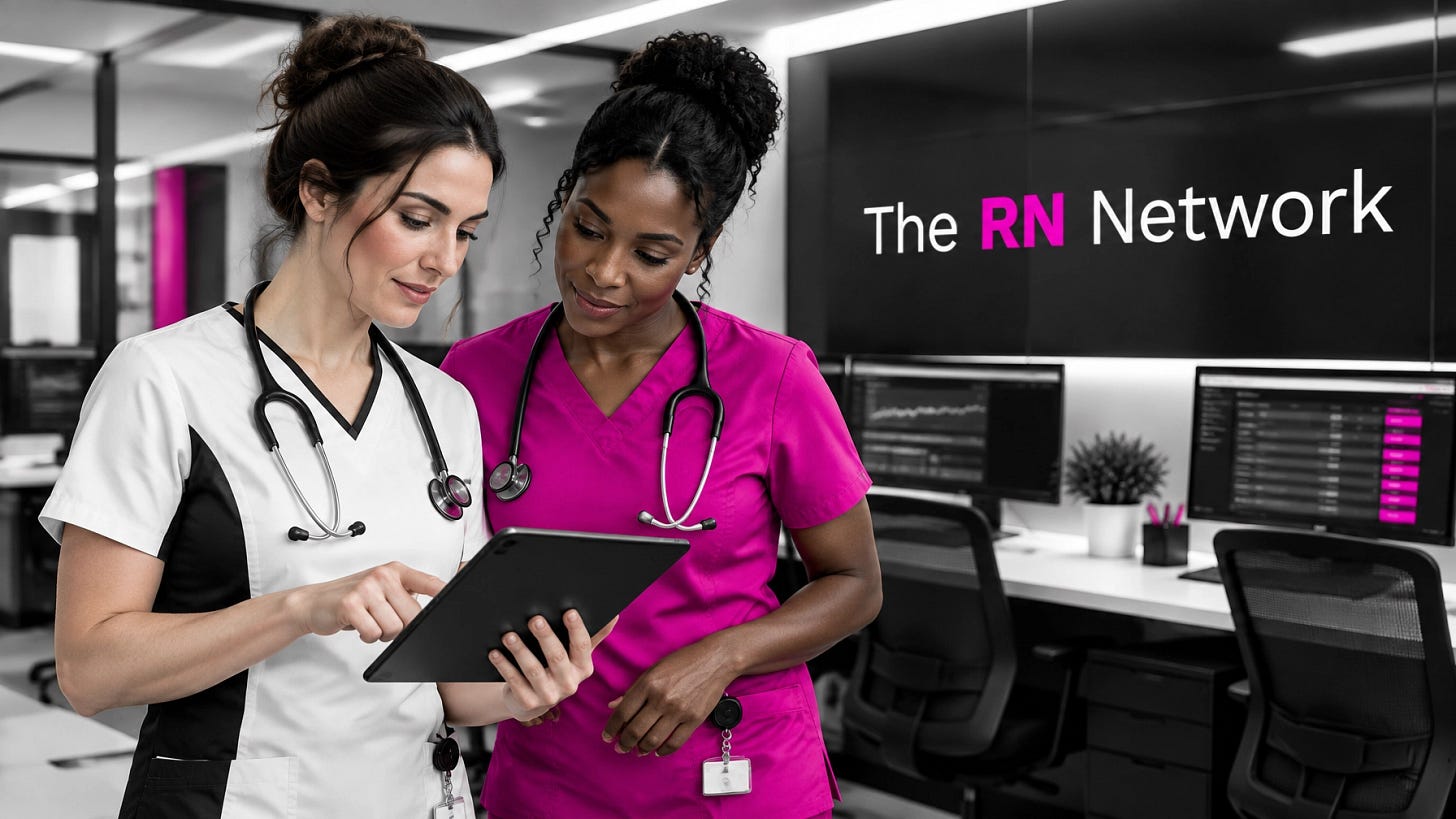 Real nurses in pink and neutral scrubs working together in a modern clinical environment