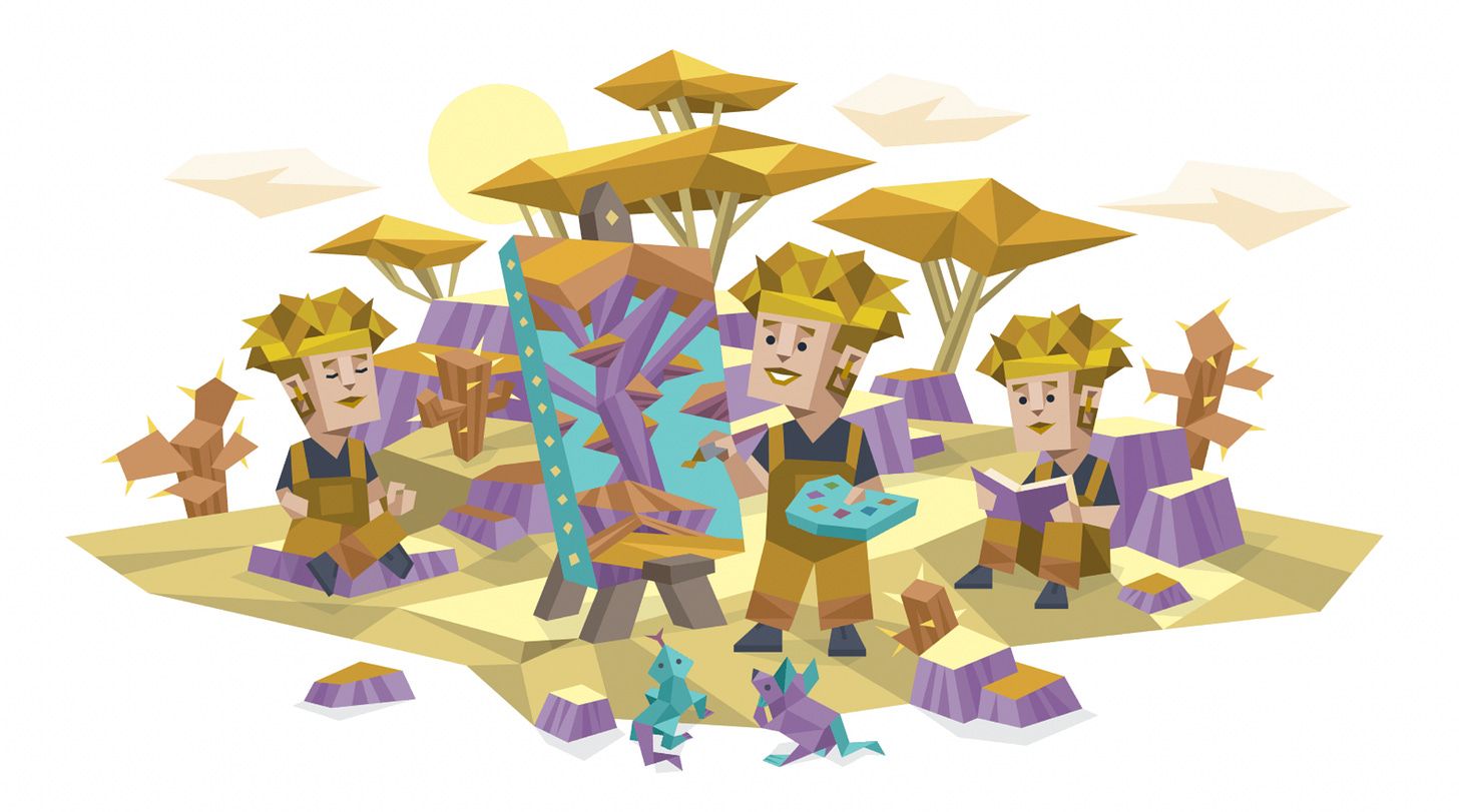 An ISFP (Adventurer) woman shown passing time in an outdoor desert setting in three different ways. First she is meditating, then she's painting the landscape around her, then she's reading a book. A mouse and a lizard keep watch. An ISFP (Adventurer) woman shown passing time in an outdoor desert setting in three different ways. First she is meditating, then she's painting the landscape around her, then she's reading a book. A mouse and a lizard keep watch.