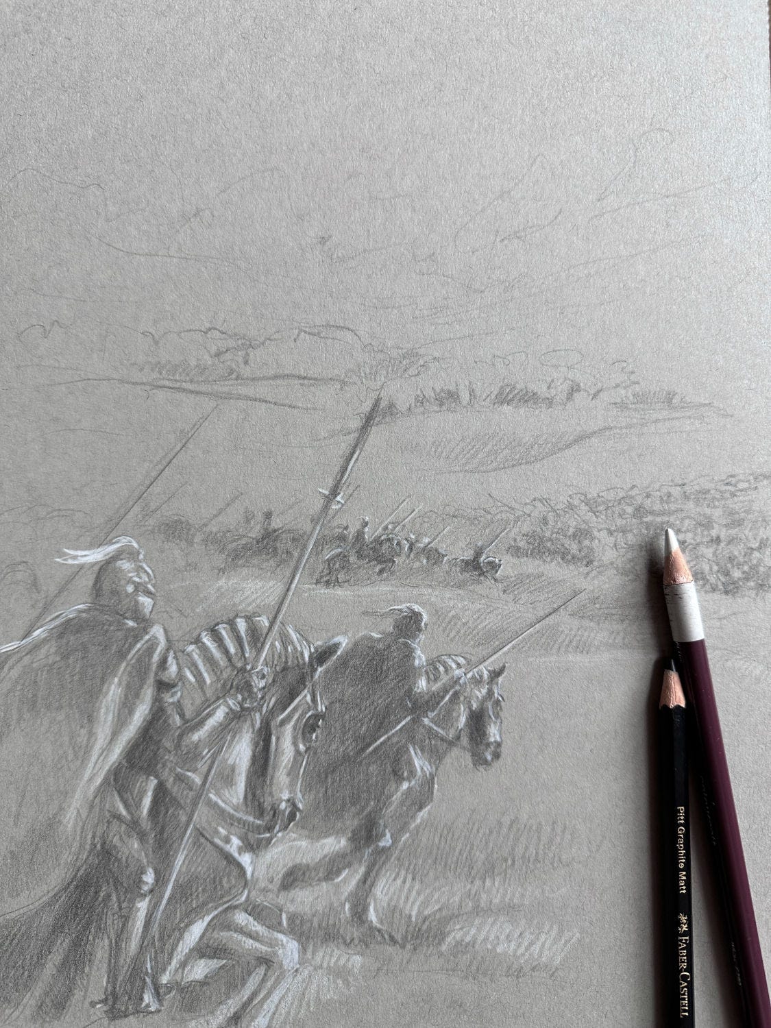 Fantasy illustration by Kindrie Grove for The Stone Guardians book series featuring charging cavalry.