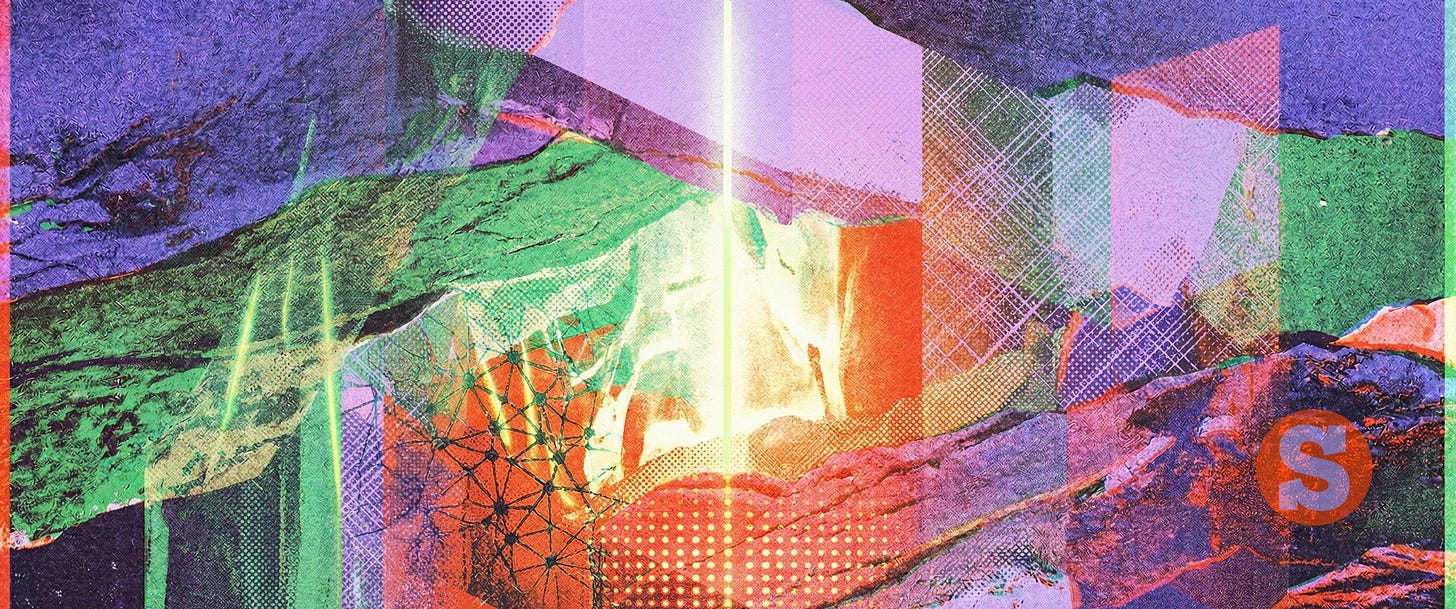 Abstract digital collage in a risograph printing style. Layered horizontal strata in coral, green, violet, and lilac overlap and bend across the frame, each with a different texture including cross-hatching, dot matrix, and rough grain. A narrow vertical beam of bright yellow-green light runs through the centre, intensifying the colour where it meets each layer. The centre of the image glows warm and luminous while the edges darken. The overall feeling is geological and resilient, something built up over time that holds together despite its imperfections.