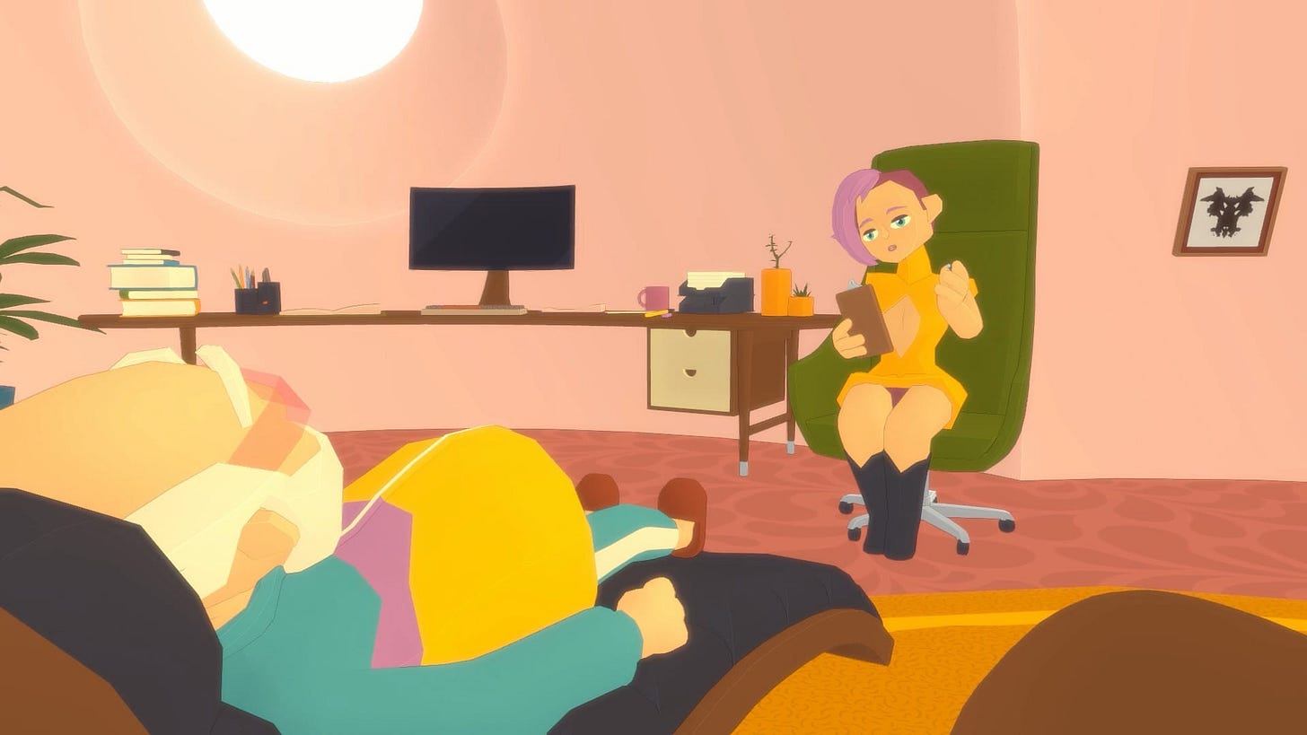 A low-polygon animated scene from the game Future? No Thanks! shows a woman with short purple hair in a yellow dress sitting in a green chair, holding a clipboard, while an older man reclines on a couch in a therapist’s office. A low-polygon animated scene from the game Future? No Thanks! shows a woman with short purple hair in a yellow dress sitting in a green chair, holding a clipboard, while an older man reclines on a couch in a therapist’s office.