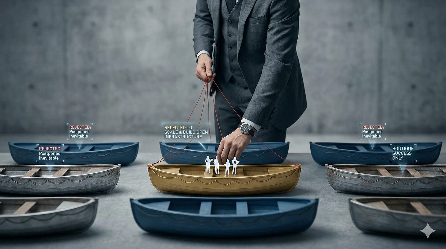A conceptual photo illustration shows a stylized "Special Master" figure in a dark suit reaching down to pick one matte gold-painted lifeboat from a grid of dozens of muted, grey and blue lifeboats laid out on a vast concrete floor. Thin red strings lead from the figure’s hand down to the chosen gold lifeboat, which is labeled with holographic text: 'SELECTED TO SCALE & BUILD OPEN INFRASTRUCTURE'. The surrounding unselected lifeboats are marked with similar floating labels reading 'REJECTED: Postponed Inevitable' or 'BOUTIQUE SUCCESS ONLY.' Three small, stylized newsroom figures have just been placed onto the gold lifeboat. The background is a blurred, monumental concrete structure, emphasizing a systemic, institutional choice. The aspect ratio is horizontal 16:9. A conceptual photo illustration shows a stylized "Special Master" figure in a dark suit reaching down to pick one matte gold-painted lifeboat from a grid of dozens of muted, grey and blue lifeboats laid out on a vast concrete floor. Thin red strings lead from the figure’s hand down to the chosen gold lifeboat, which is labeled with holographic text: 'SELECTED TO SCALE & BUILD OPEN INFRASTRUCTURE'. The surrounding unselected lifeboats are marked with similar floating labels reading 'REJECTED: Postponed Inevitable' or 'BOUTIQUE SUCCESS ONLY.' Three small, stylized newsroom figures have just been placed onto the gold lifeboat. The background is a blurred, monumental concrete structure, emphasizing a systemic, institutional choice. The aspect ratio is horizontal 16:9.