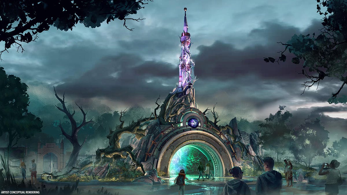 Dark Universe portal rendering at  Epic Universe
