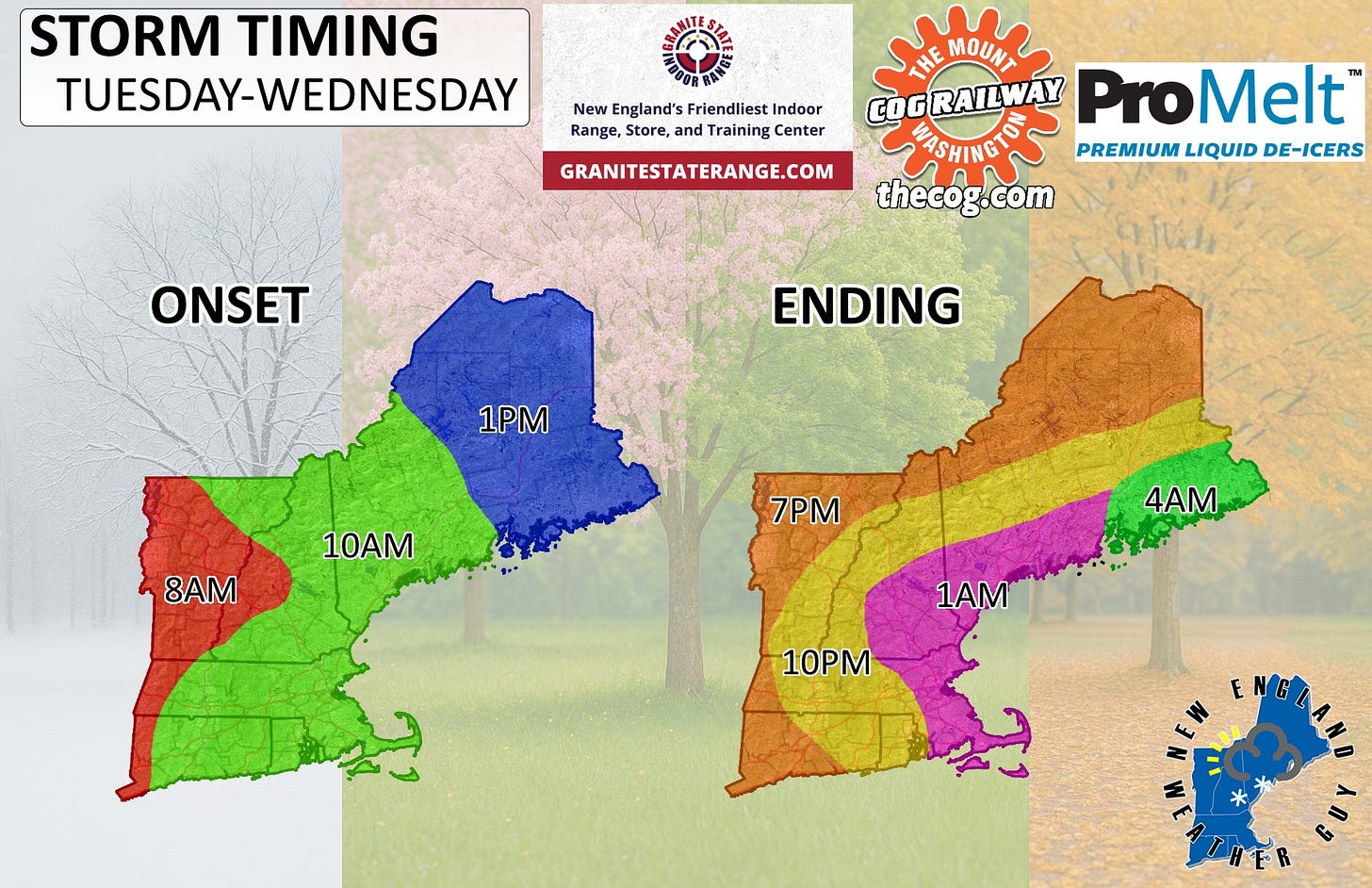 May be an image of ‎map and ‎text that says '‎STORM TIMING TUESDAY-WEDNESDAY New England's Friendliest Indoor Range, Store, and Training Center GRANITESTATERANGE.COM HE MOUNT GOGRAILWAY ProMelt MASHINGTO ASHINGTO PREMIUM LIQUID DE-ICERS thecog.com theco g.com ONSET וה ENDING 1PM 10AM 8AM 7PM 4AM 1AM 10PM ۲ THER‎'‎‎