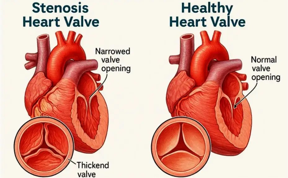 Side‑by‑side medical illustration comparing a healthy aortic valve with wide, flexible leaflets to a stenotic valve with thickened, calcified, narrowed leaflets. Includes cross‑section views of the heart and close‑up circular insets showing normal versus restricted valve openings. Designed in a clear 16:9 educational format.