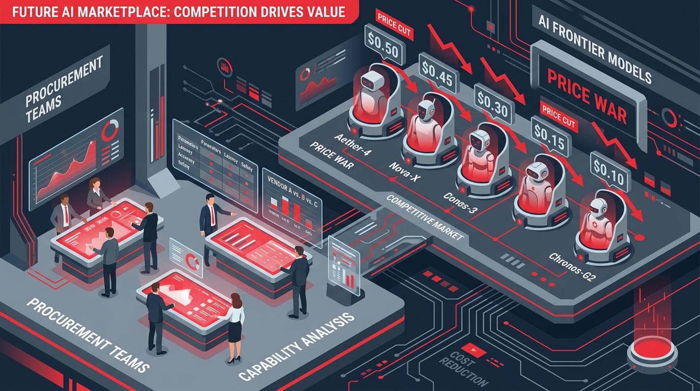 Flat isometric illustration of a futuristic AI marketplace where competing frontier models continuously lower glowing digital price tags while procurement teams compare capability and cost on holographic tables, visual emphasis on an escalating pricing battle replacing monopoly pricing, bold red and graphite gray color palette, clean vector art style, dark background, modern tech editorial aesthetic Flat isometric illustration of a futuristic AI marketplace where competing frontier models continuously lower glowing digital price tags while procurement teams compare capability and cost on holographic tables, visual emphasis on an escalating pricing battle replacing monopoly pricing, bold red and graphite gray color palette, clean vector art style, dark background, modern tech editorial aesthetic