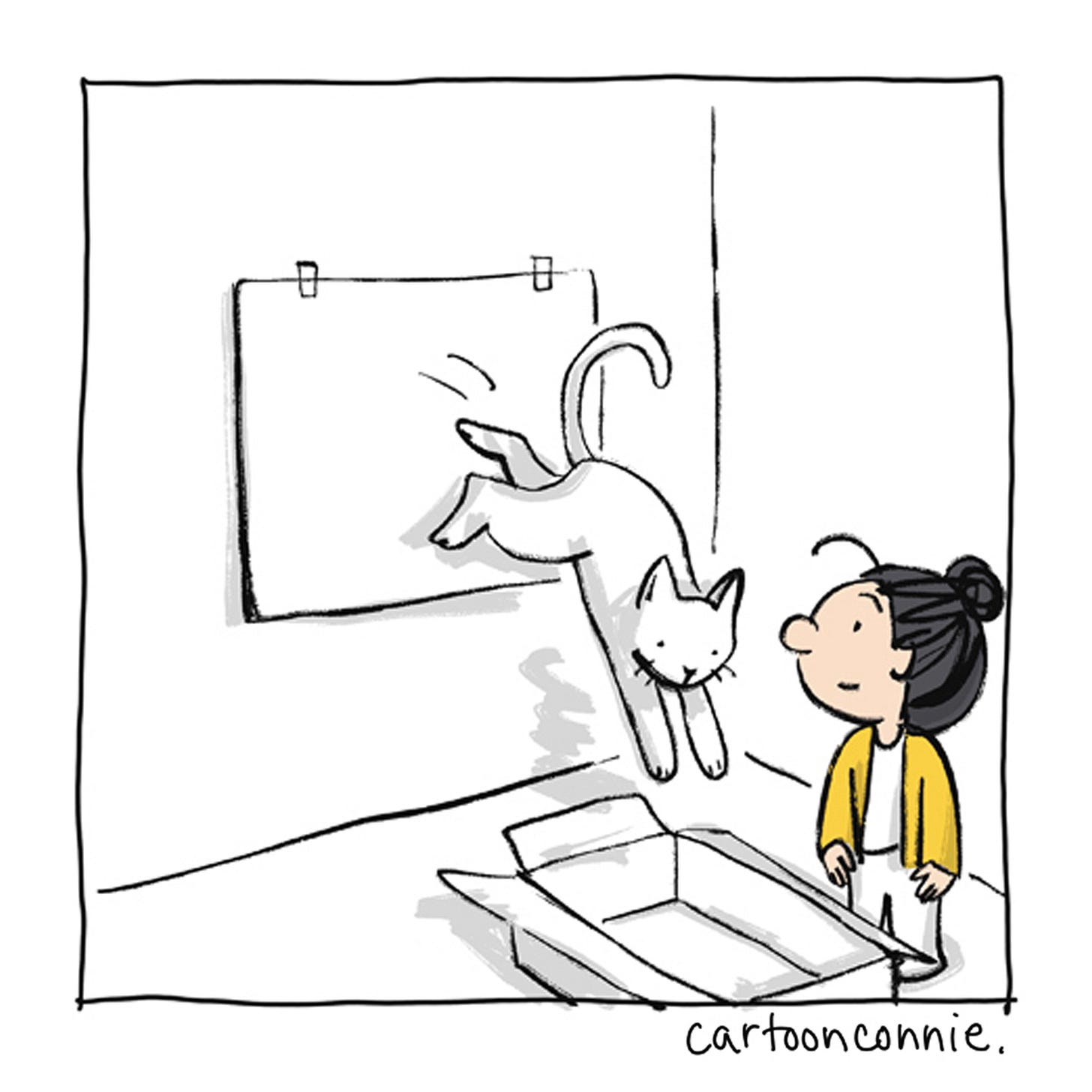 Panel 12 of 12 of a 2-page wordless illustrated comic, titled "Art Can Be A Good Companion," 2026, original artwork by Connie Sun, cartoonconnie. Panel 12 of 12 of a 2-page wordless illustrated comic, titled "Art Can Be A Good Companion," 2026, original artwork by Connie Sun, cartoonconnie.