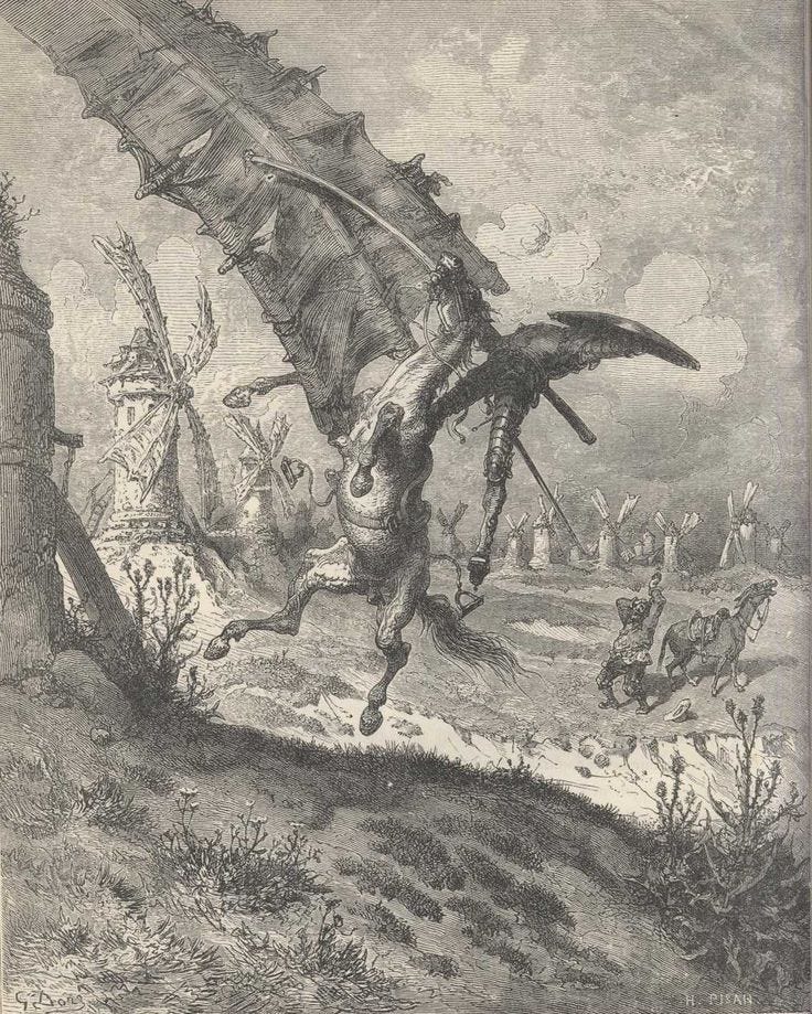 Tilting at Windmills engraving by Gustave Doré from The History of Don ...