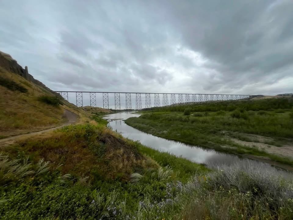 Picture of the high level bridge in Lethbridge Alberta. It passes high over the Old Man River..