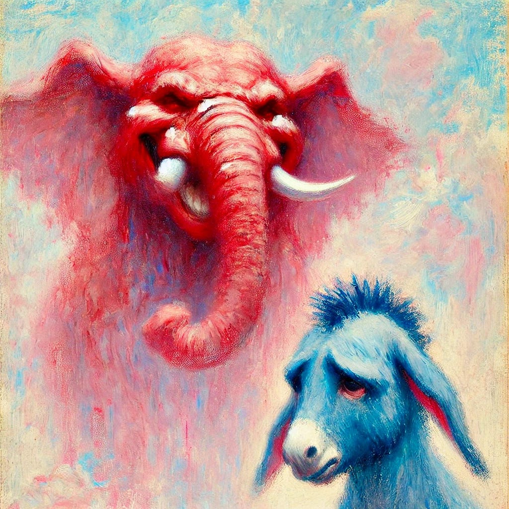 A soft impressionist painting of a triumphant red elephant with a slightly vicious expression, laughing with a menacing glint in its eye and sharper features. The elephant is looking down at a sad blue donkey with a downcast head, appearing defeated and melancholy. The background remains soft and dreamlike, with pastel colors blending smoothly, capturing the emotional contrast between the characters in an impressionistic style with loose and light brushstrokes. A soft impressionist painting of a triumphant red elephant with a slightly vicious expression, laughing with a menacing glint in its eye and sharper features. The elephant is looking down at a sad blue donkey with a downcast head, appearing defeated and melancholy. The background remains soft and dreamlike, with pastel colors blending smoothly, capturing the emotional contrast between the characters in an impressionistic style with loose and light brushstrokes.