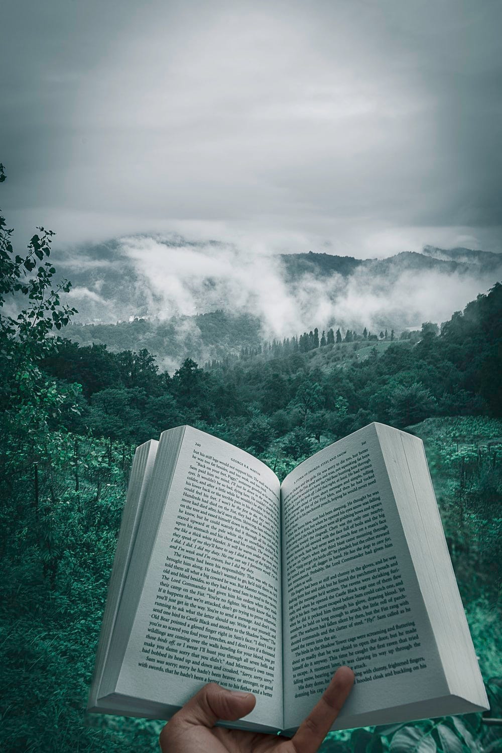 person holding open book viewing mountain view person holding open book viewing mountain view