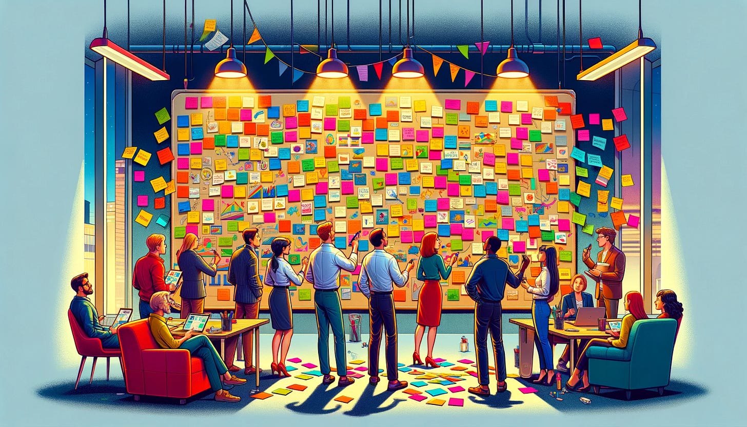 A vibrant and detailed Pixar-style illustration depicting the concept of affinity mapping. The scene shows a group of diverse professionals in a collaborative workspace, engaged in the process of affinity mapping. They are standing around a large wall covered in colorful sticky notes and markers, each note representing a different idea or piece of data. The professionals are actively discussing and organizing these notes into related groups, demonstrating the affinity mapping technique. The characters exhibit various ethnicities and are dressed in smart casual attire, reflecting a modern and inclusive workplace. The color scheme is bright and engaging, capturing the lively atmosphere of a creative brainstorming session.