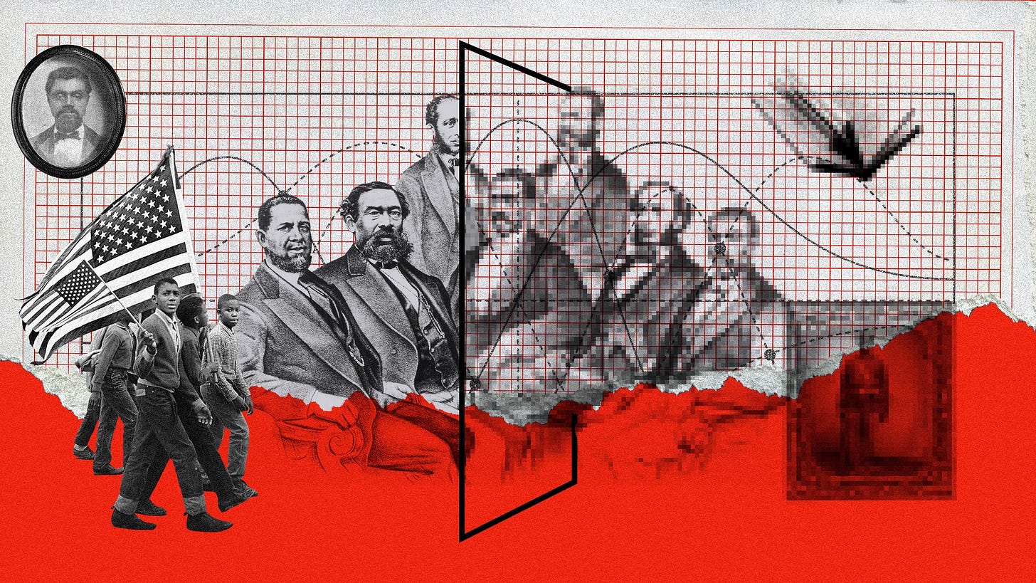 Photo illustration of archival photos of Black Americans throughout history overlaying a grid and line chart.