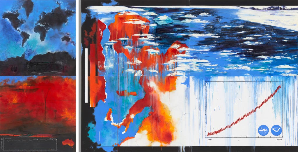 A painting depicts red, orange and blue motifs of wildfires and melting glaciers that overlap with maps that appear to drip over a graph of global atmospheric carbon dioxide levels. It’s not just art and science side-by-side or pretty colors added to a graph; the two are combined to tell a larger story that makes people stop and think about climate change. A painting depicts red, orange and blue motifs of wildfires and melting glaciers that overlap with maps that appear to drip over a graph of global atmospheric carbon dioxide levels. It’s not just art and science side-by-side or pretty colors added to a graph; the two are combined to tell a larger story that makes people stop and think about climate change.