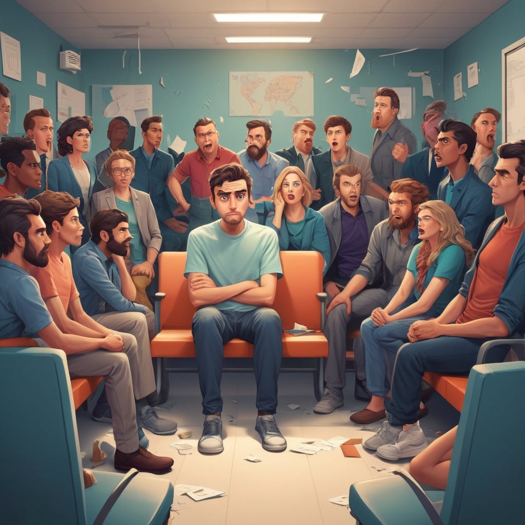 Depict someone in a waiting area with a fed up a expression on their face. He is surrounded by chaos