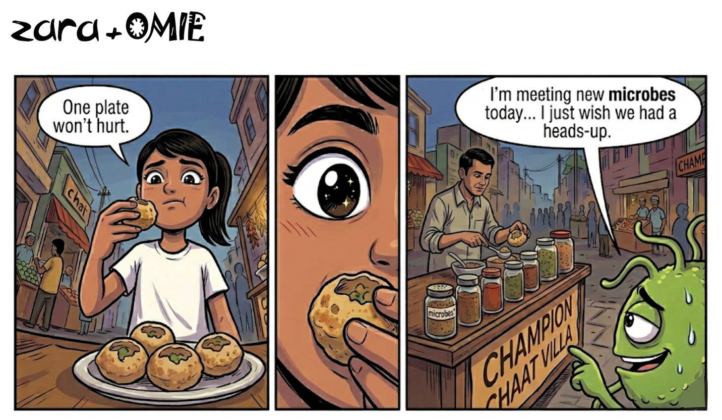 Zara eats pani puri at a street stall while Omie jokes about meeting new microbes.