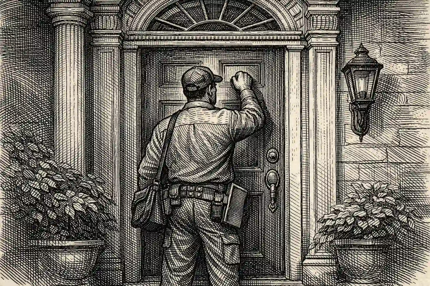 home inspector technician confidenly knocks on upper class home door
