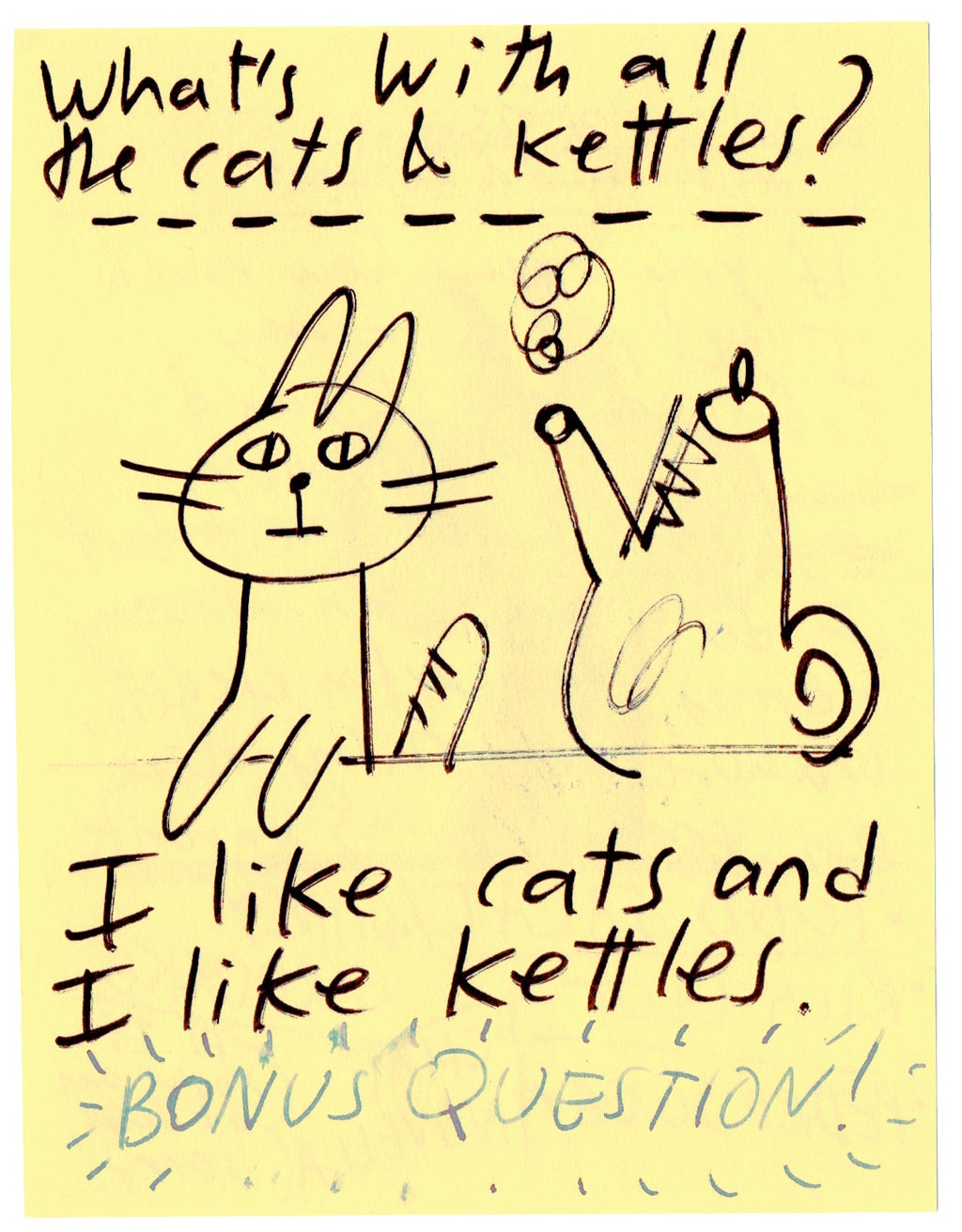 BONUS QUESTION: What's with all the cats & kettles?  I like cats and I like kettles. 