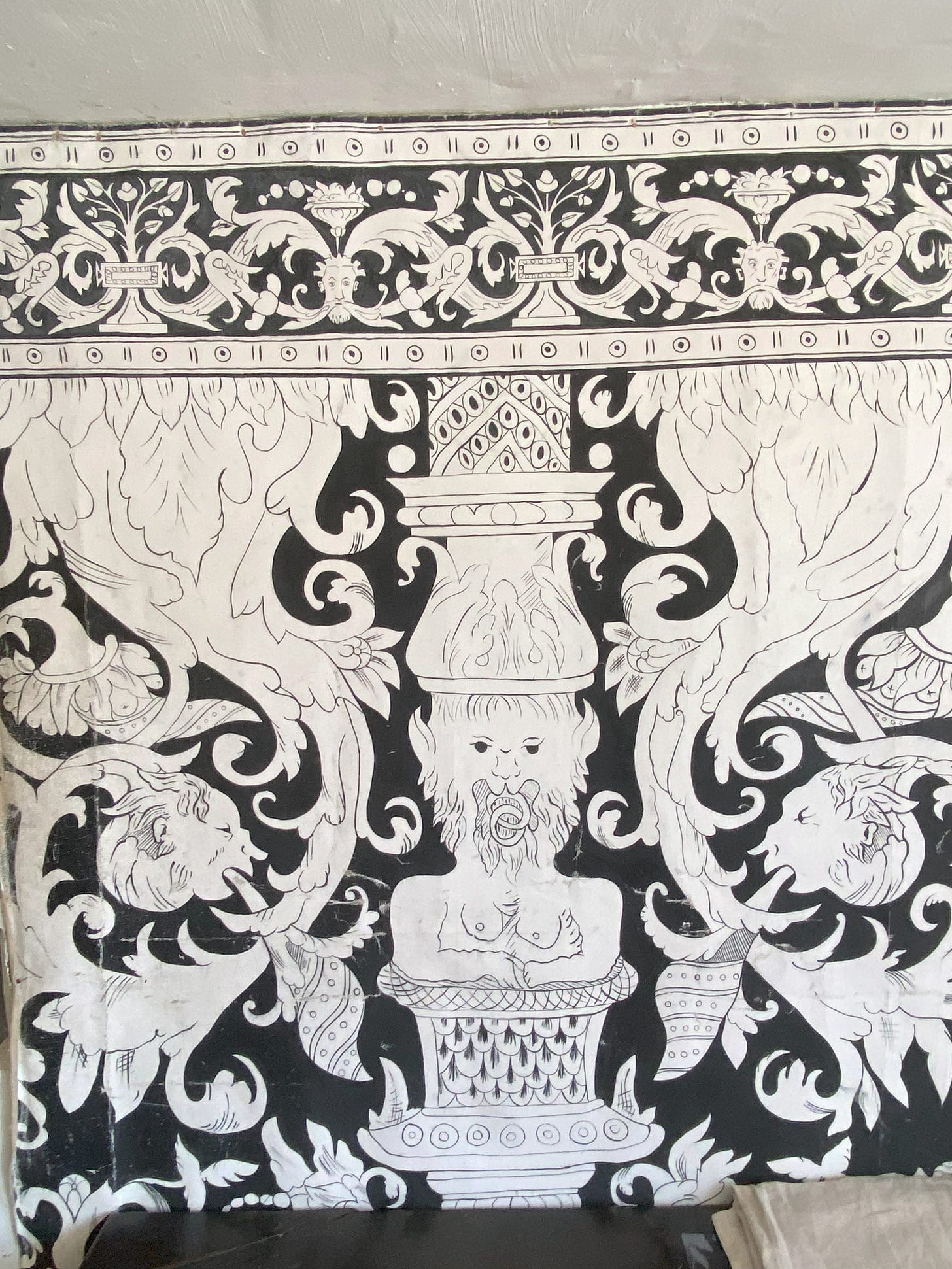 Black and white printed wall hanging from Shakespeare's house in Stratford-upon-Avon