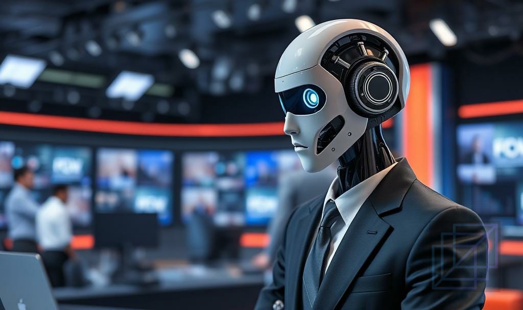 A robot in a suit and tie in a newsroom, looking at a laptop